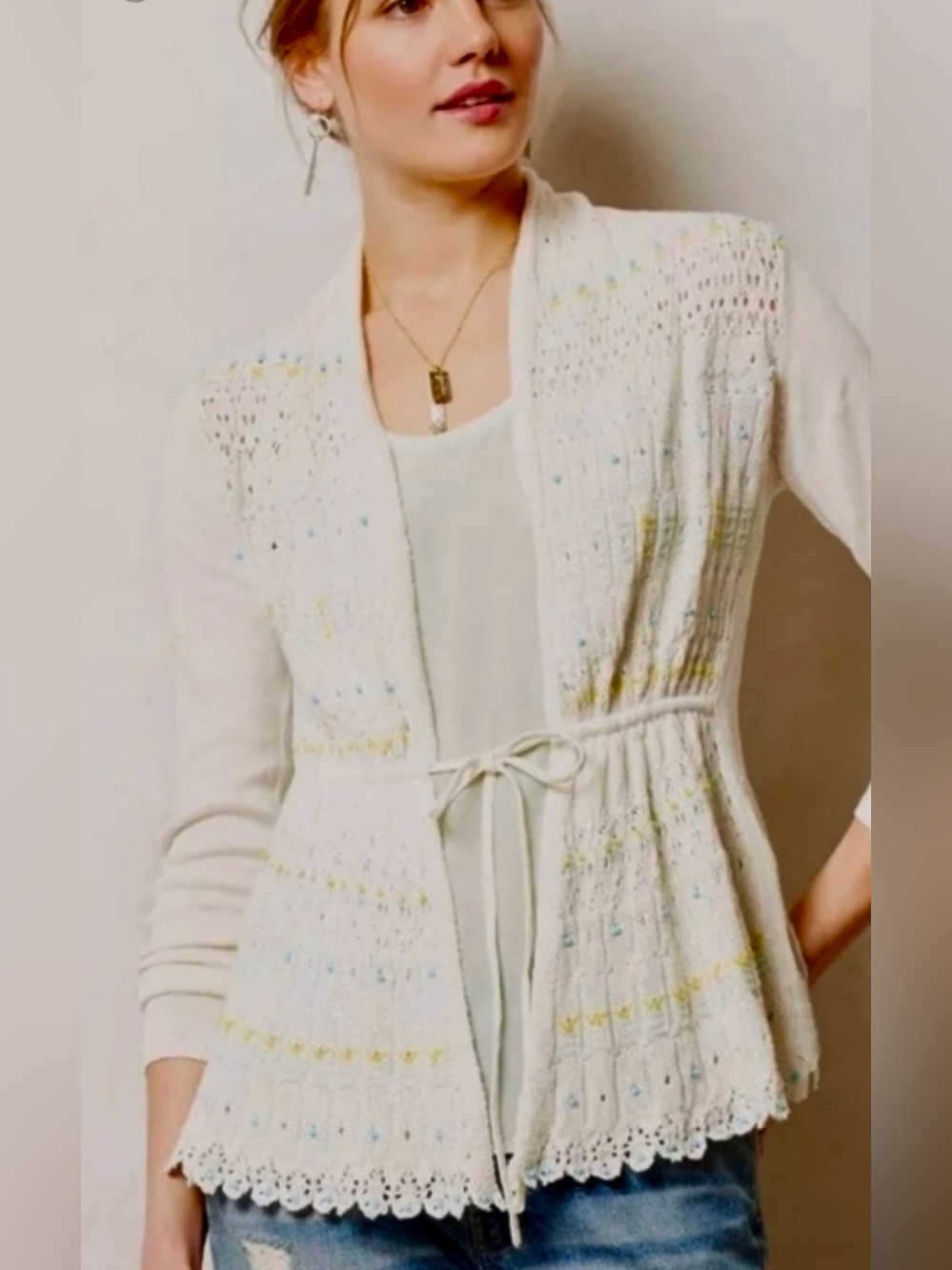 NWT Moth ANTHROPOLOGIE LAZULI Ivory Beaded Crochet Knit Tie Front CARDIGAN Small